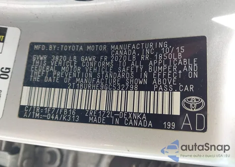 2016 Toyota Corolla Le из США, поврежденный, VIN 2T1BURHE9GC532798